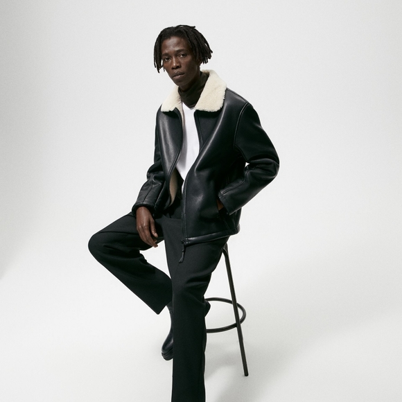 Zara men's double faced black leather jacket coat - Picture 5 of 10